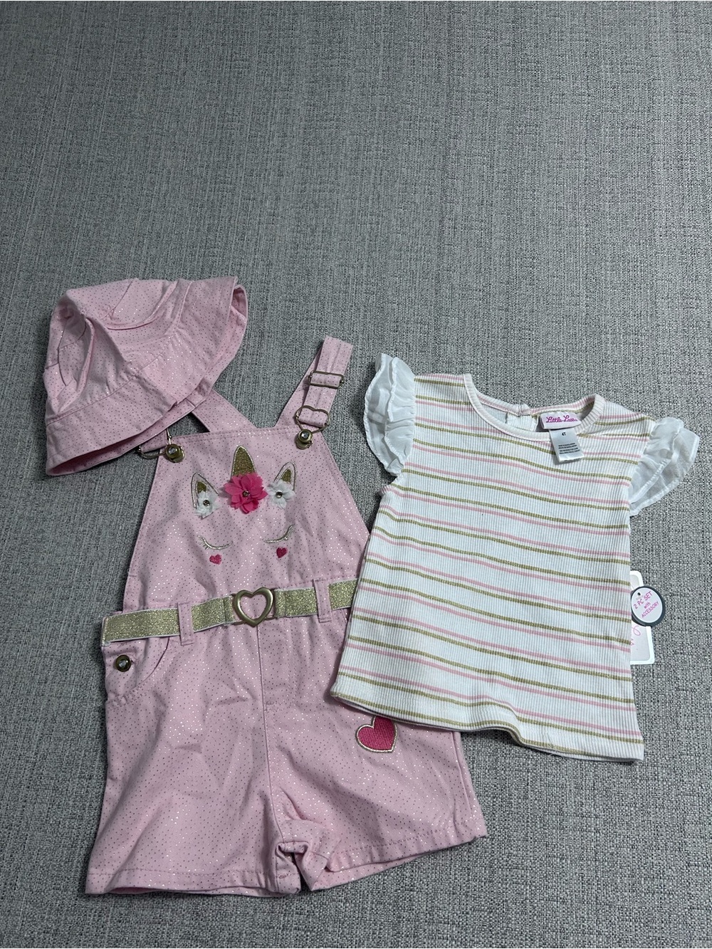 Little Lass Unicorn Overall Romper Striped Ruffle Sleeve Tee w Hat Size 4T NWT